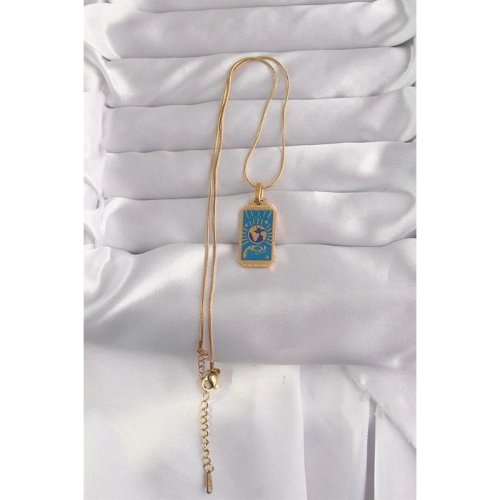 316L Çelik Gold Renk Mavi Mineli El Figür Tarot Kolye