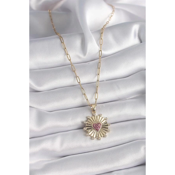 316L Çelik Gold Renk Pembe Zirkon Taşlı Kalp İşleme Madalyon Model Kadın Kolye