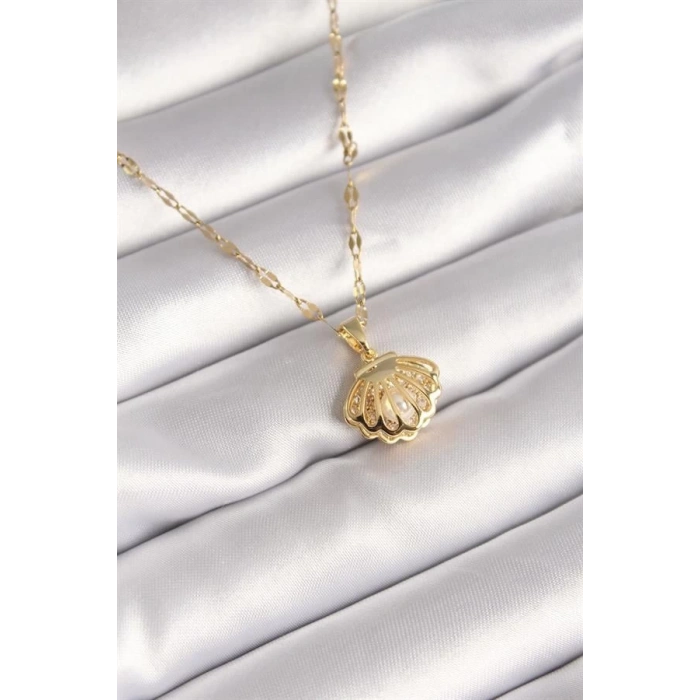 316L Çelik Gold Renk Zincir Açılır İstiridye Model İnci Zirkon Taş Detay Kadın Kolye