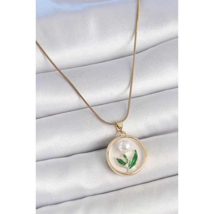 316L Çelik Gold Renk Zincir Beyaz Mineli İncili Çiçek İşlemeli Portre Model Kadın Kolye