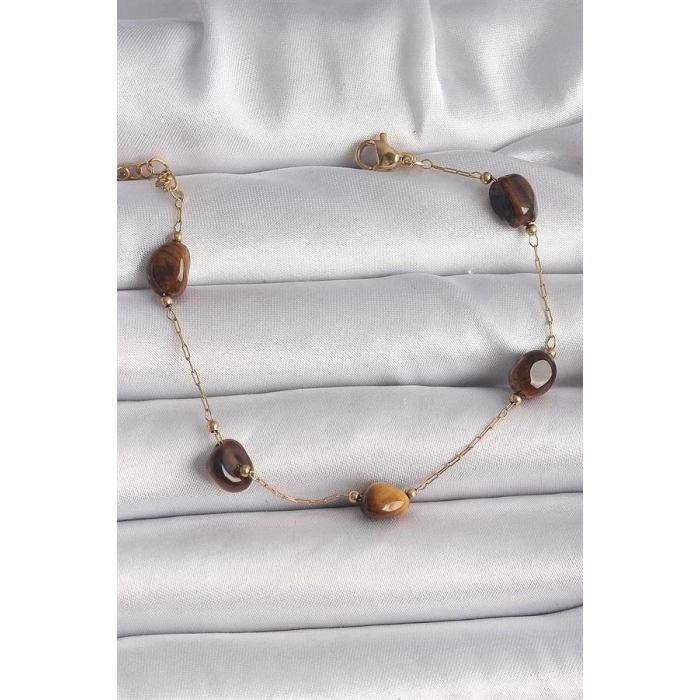 316L Çelik Gold Renk Zincir Kahverengi Doğaltaş Model Kadın Bileklik