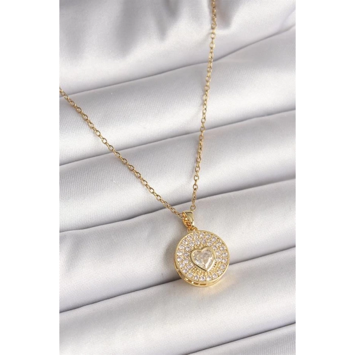 316L Çelik Gold Renk Zincir Madalyon Zirkon Taşlı Kalp Model Kadın Kolye