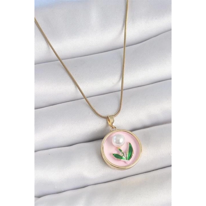 316L Çelik Gold Renk Zincir Pembe Mineli İncili Çiçek İşlemeli Portre Model Kadın Kolye