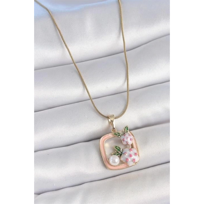 316L Çelik Gold Renk Zincir Pembe Mineli Kare Model Çiçek İşlemeli İnci Detay Kadın Kolye