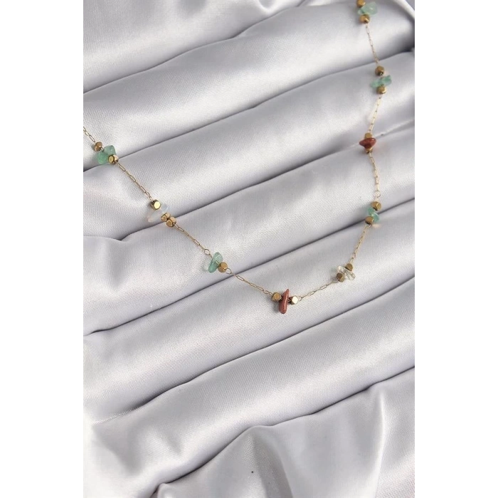 316L Çelik Gold Renk Zincir Renkli Doğaltaş Model Kadın Kolye