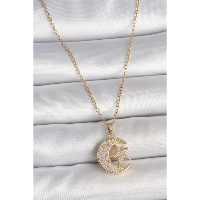 316L Çelik Gold Renk Zincir Zirkon Taşlı Ay Yıldız Model Kadın Kolye