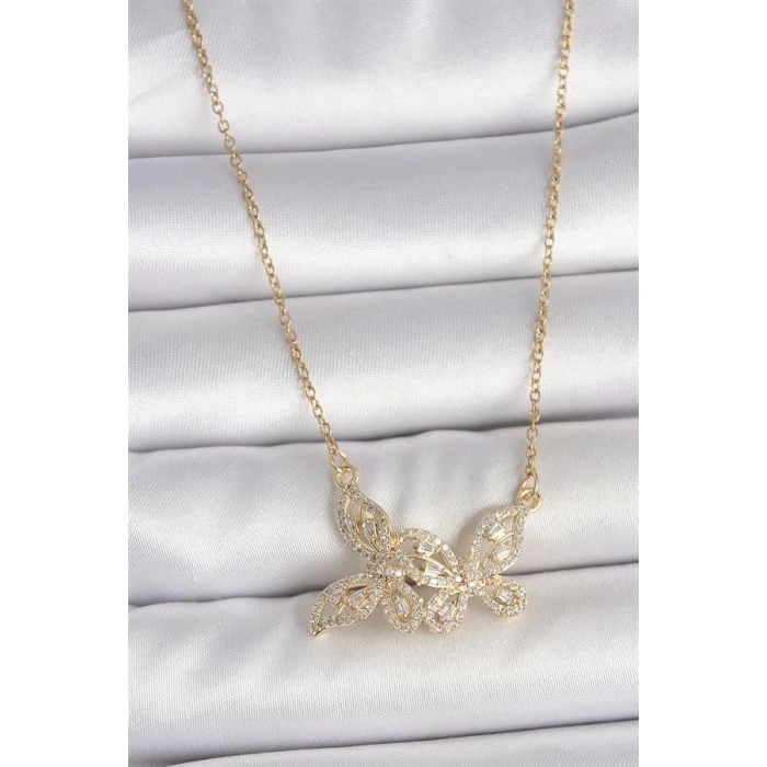 316L Çelik Gold Renk Zincir Zirkon Taşlı Kelebek Model Kadın Kolye