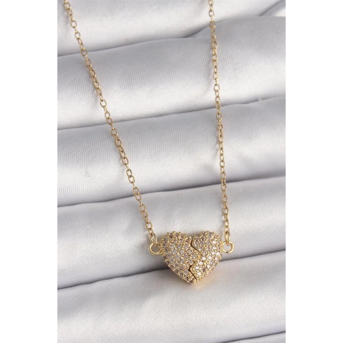 316L Çelik Gold Renk Zincir Zirkon Taşlı Mıknatıslı Kalp Model Kadın Kolye
