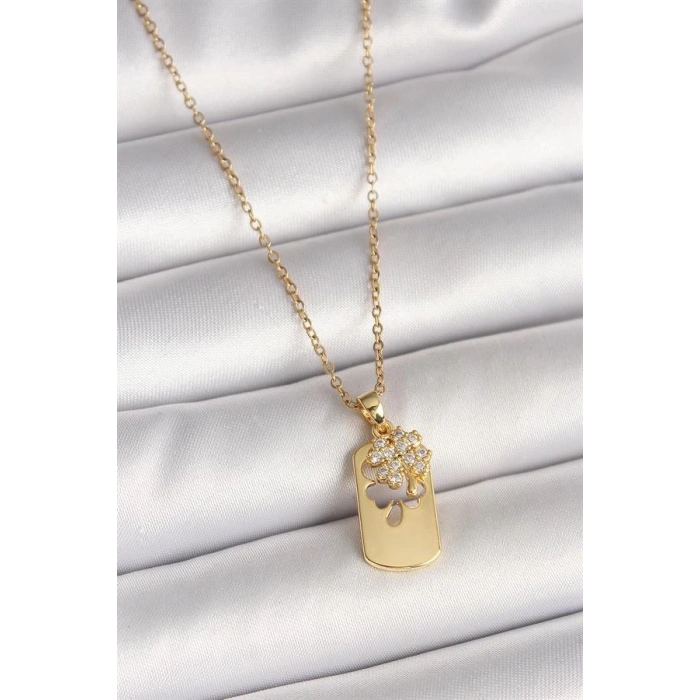 316L Çelik Gold Renk Zincir Zirkon Taşlı Yonca Model Kadın Kolye