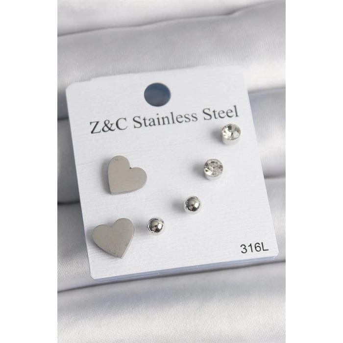 316L Çelik Gold Renk Zirkon Taşlı Kalpli Kadın Küpe Seti