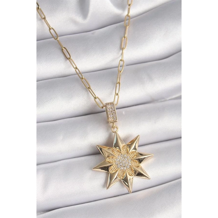 316L Çelik Gold Renk Zirkon Taşlı Kutup Yıldızı Model Kadın Kolye