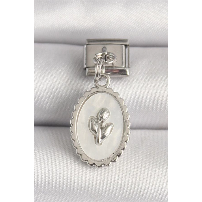 316L Çelik Gümüş Renk Beyaz Mineli Çiçek İşlemeli Nomination Charm