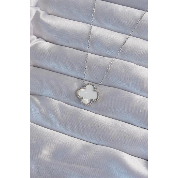 316L Çelik Gümüş Renk Beyaz Sedefli Yonca Kolye