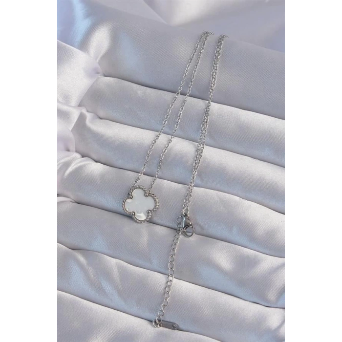 316L Çelik Gümüş Renk Beyaz Sedefli Yonca Kolye