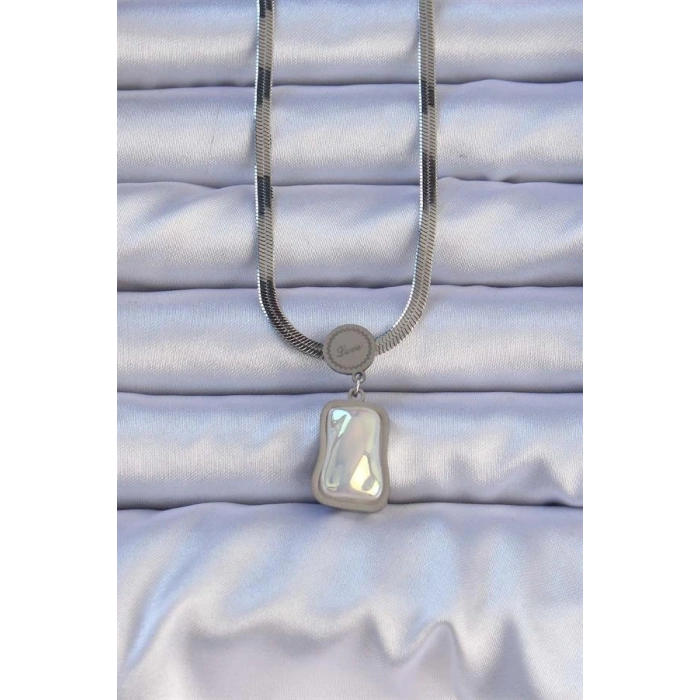 316L Çelik Gümüş Renk İtalyan Zincir Ezme Taşlı Kolye