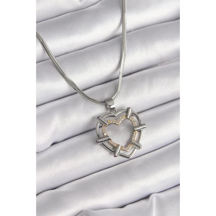 316L Çelik Gümüş Renk İtalyan Zincir Mix Renk Zirkon Taş Detay Kalp Model Kadın Kolye