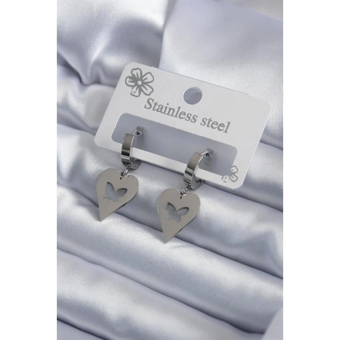 316L Çelik Gümüş Renk Kalp Model Kelebek İşleme Kadın Küpe