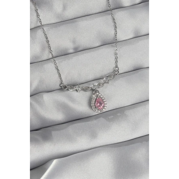 316L Çelik Gümüş Renk Pembe Zirkon Taşlı Damla Kolye