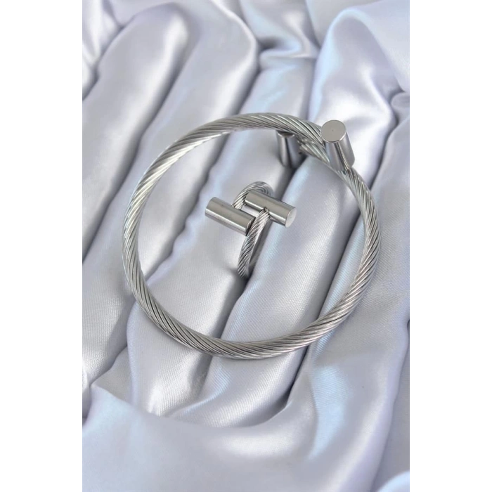 316L Çelik Gümüş Renk Sarmal Model Erkek Bileklik Yüzük Kombini