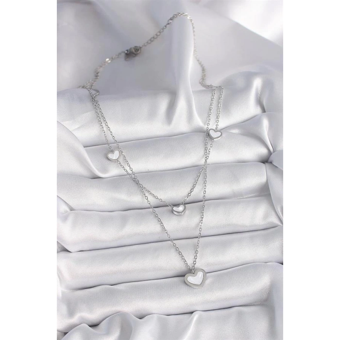 316L Çelik Gümüş Renk Zincir 2Li Zincir Kalp Model Kadın Kolye