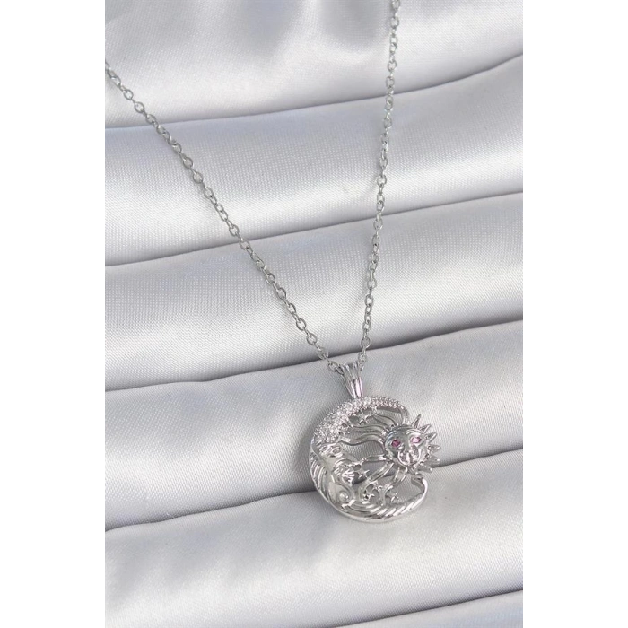 316L Çelik Gümüş Renk Zincir Ay Güneş Model Zirkon Taş Detay Kadın Kolye