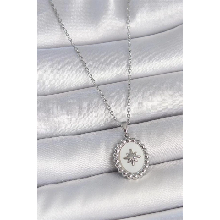 316L Çelik Gümüş Renk Zincir Beyaz Mineli Kutup Yıldız İşlemeli Madalyon Model Kadın Kolye
