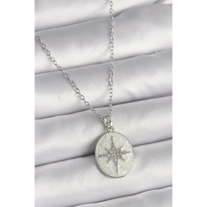316L Çelik Gümüş Renk Zincir Beyaz Mineli Zirkon Taşlı Kutup Yıldız İşleme Kadın Kolye