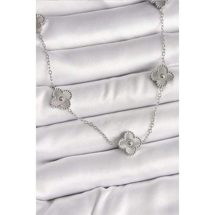 316L Çelik Gümüş Renk Zincir İşlemeli Yonca Model Kadın Kolye