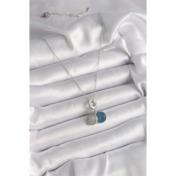 316L Çelik Gümüş Renk Zincir Zirkon Taşlı İşleme Mavi Simli Kadın Kolye