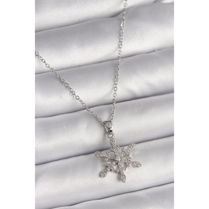 316L Çelik Gümüş Renk Zincir Zirkon Taşlı Kar Tanesi Model Kadın Kolye