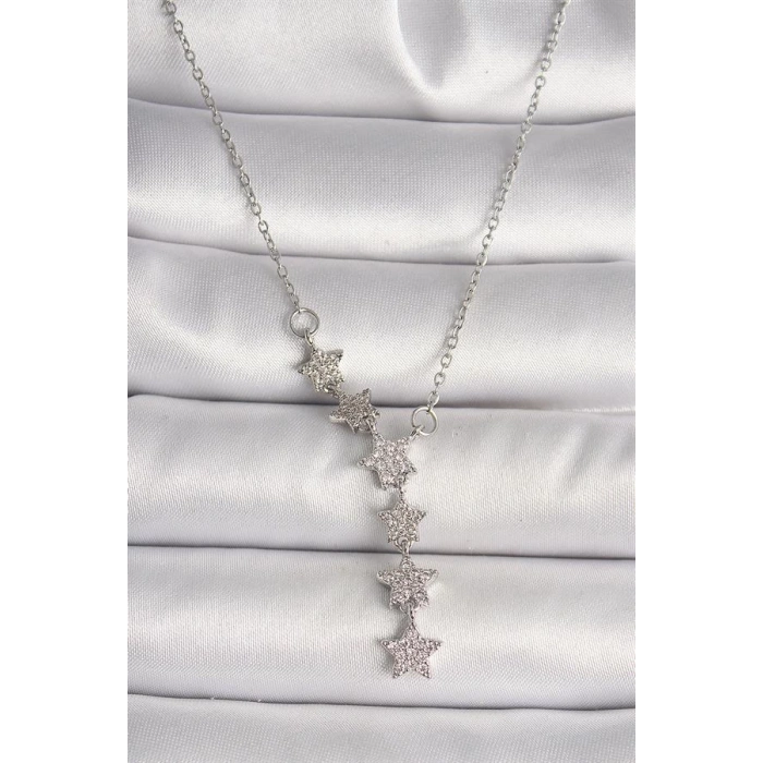 316L Çelik Gümüş Renk Zincir Zirkon Taşlı Yıldız Model Kadın Kolye