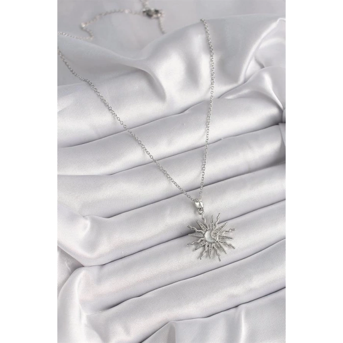 316L Çelik Gümüş Renk Zincir Zirkon Taşlı Yıldız Model Sedefli Ay İşleme Detay Kadın Kolye