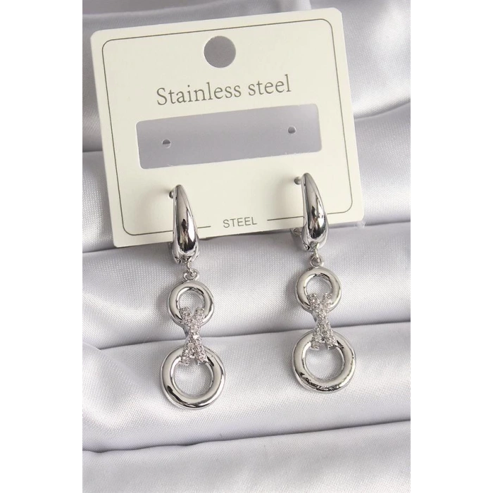 316L Çelik Gümüş Renk Zirkon Taşlı Daire Model Kadın Küpe