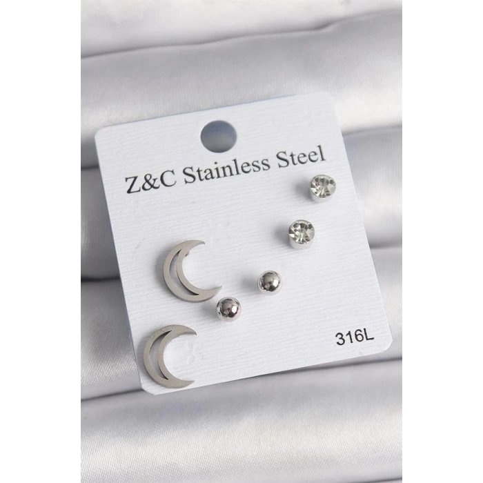 316L Çelik Gümüş Renk Zirkon Taşlı Hilal Model Kadın Küpe Seti