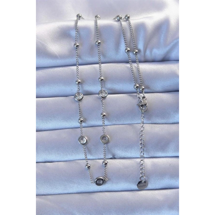 316L Çelik Gümüş Renk Zirkon Taşlı Top Zincirli Kolye