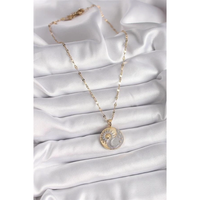 316L Çelik Mix Renk Zincir Zirkon Taşlı Gün Doğumu/Batımı Madalyon Model Kadın Kolye