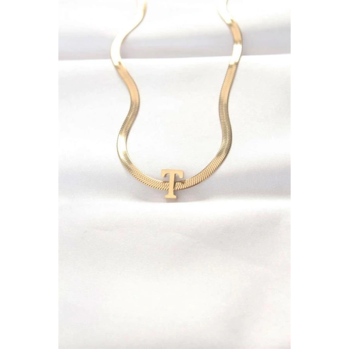 316L Çelik T Harfli Gold Renk İtalyan Zincirli Kolye