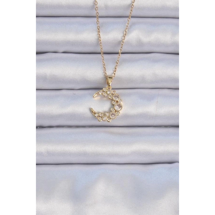 316L Çelik Zincir Altın Renk Zirkon Taşlı Ay Kolye