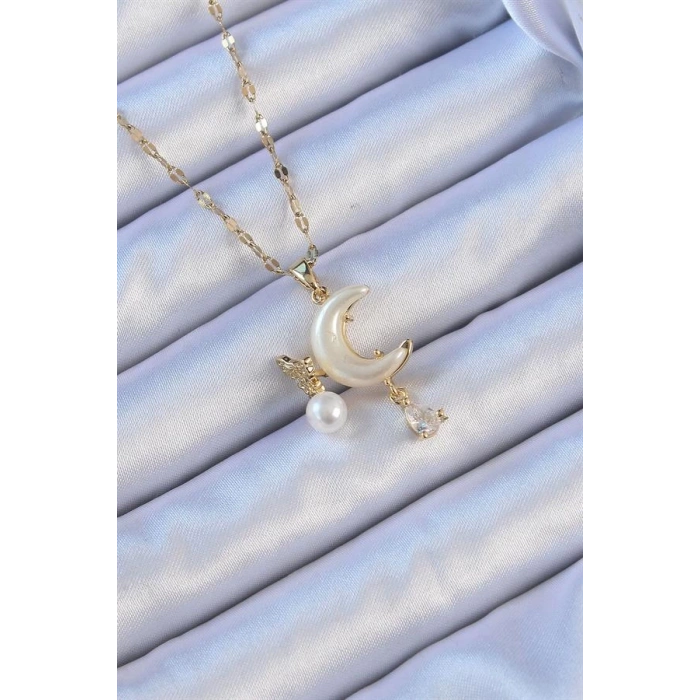 316L Çelik Zincir Altın Renk Zirkon Taşlı Kelebekli Mineli Ay Kolye