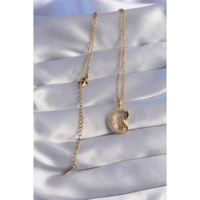 316L Çelik Zincir Gold Renk Kuş Figürlü Zirkon Taşlı Ay Tasarımlı Kolye