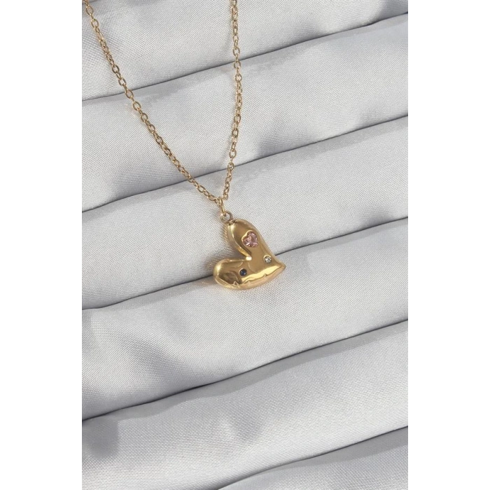 316L Çelik Zincir Gold Renk Renkli Zirkon Taşlı Kalp Kolye