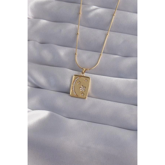316L Çelik Zincir Gold Renk Zirkon Taşlı Ay Yıldız Figürlü Tarot Kolye
