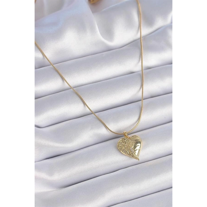 316L Çelik Zincir Gold Renk Zirkon Taşlı Kalp Kanat İşlemeli Kadın Kolye