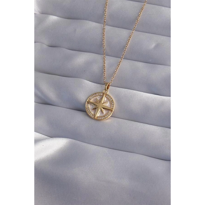 316L Çelik Zincir Gold Renk Zirkon Taşlı Kutup Yıldızı Kolye