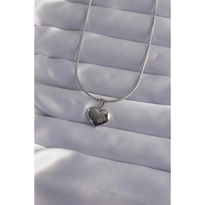 316L Çelik Zincir Gümüş Renk Ayna Plaka Kalp Kolye