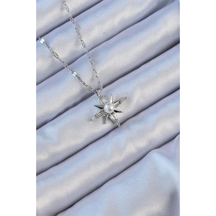 316L Çelik Zincir Gümüş Renk Baget Taşlı İnci Detay Kutup Yıldızı Kolye