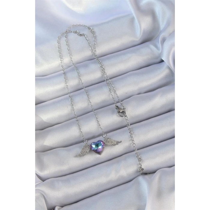 316L Çelik Zincir Gümüş Renk Mavi Mor Zirkon Taşlı Kanatlı Kalp Kolye