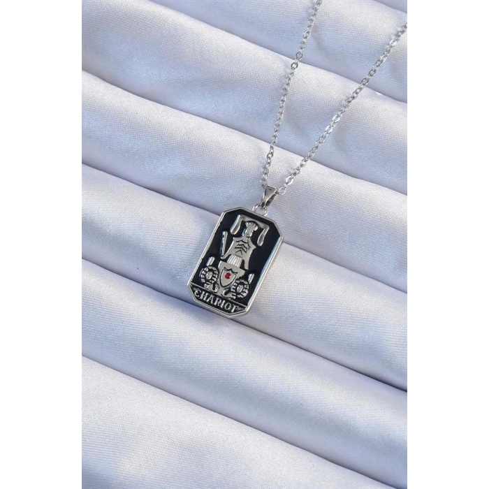 316L Çelik Zincir Gümüş Renk Siyah Mineli Tarot Kolye