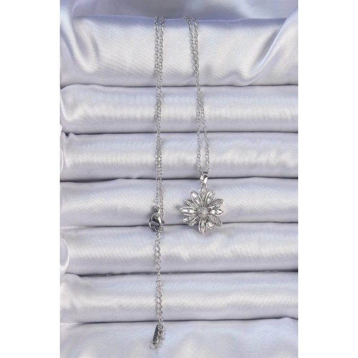 316L Çelik Zincir Gümüş Renk Zirkon Taşlı Çiçek Kolye