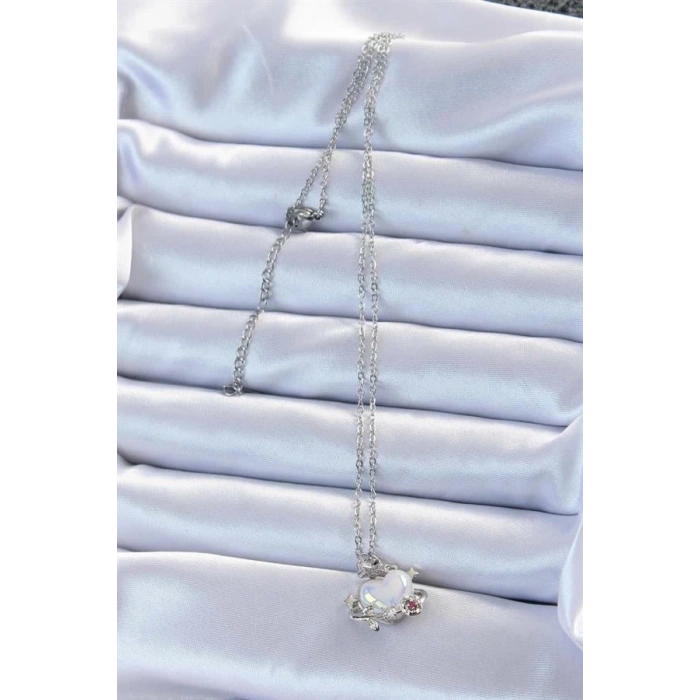 316L Çelik Zincir Gümüş Renk Zirkon Taşlı Gezegen Görünümlü Kalp Kolye